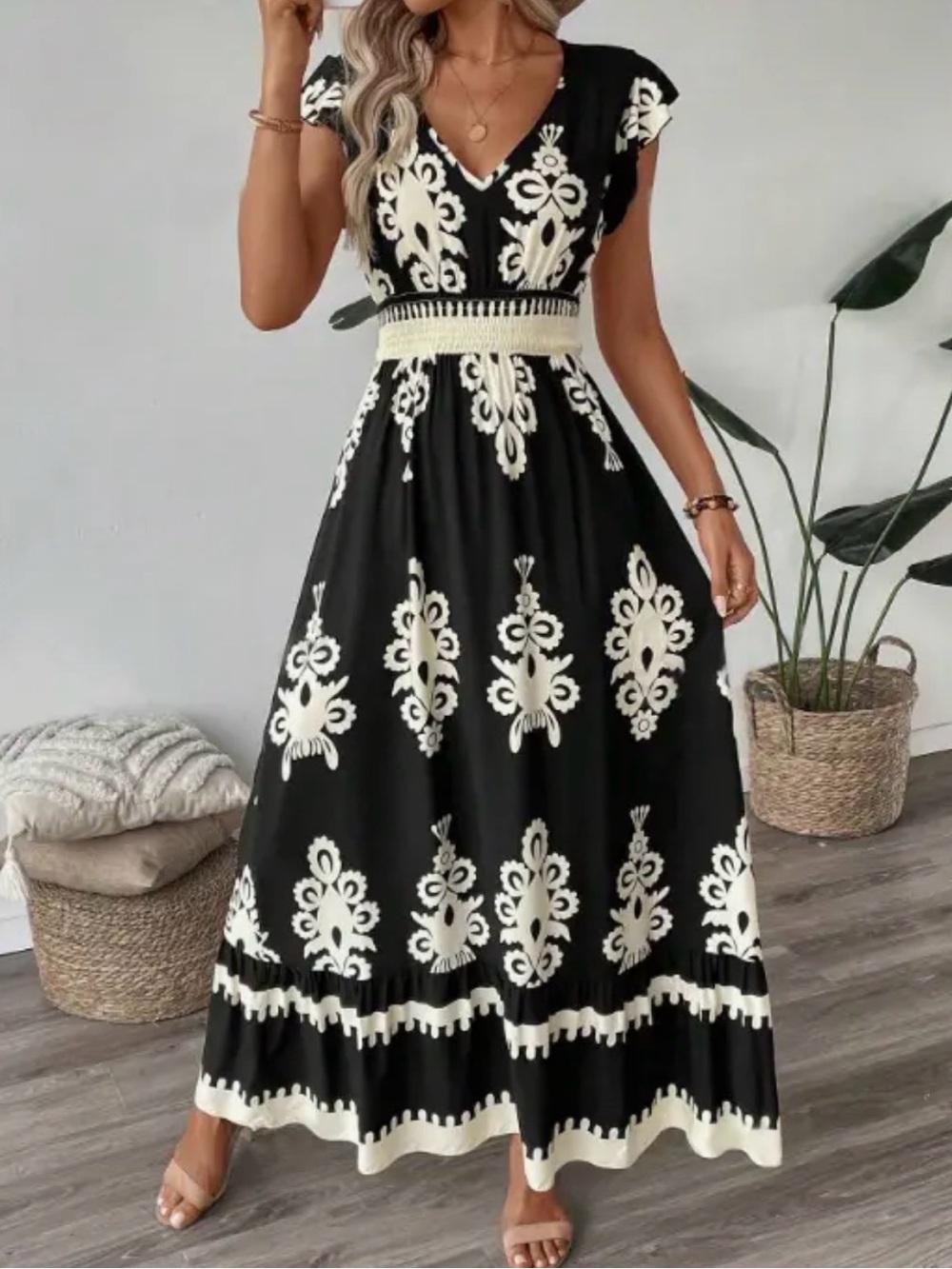 Black and Cream Embroidered V-Neck Maxi Dress